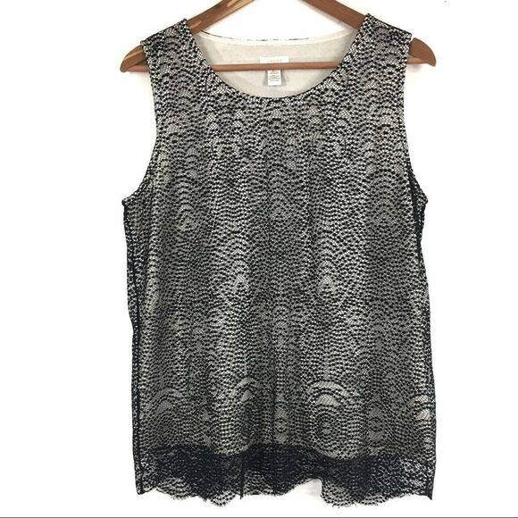 Chicos Top Size 2 Lace Overlay Black Cream Pullover Tank Blouse‎ - Picture 1 of 8